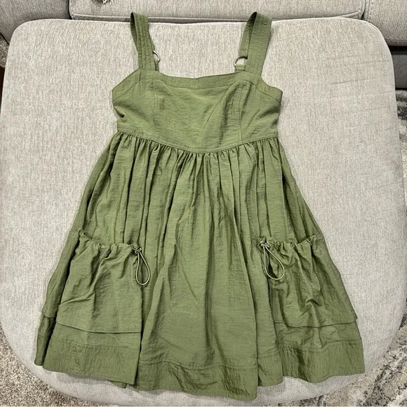 Army Green Cargo Dress w/ Front Pockets - Picture 1 of 8